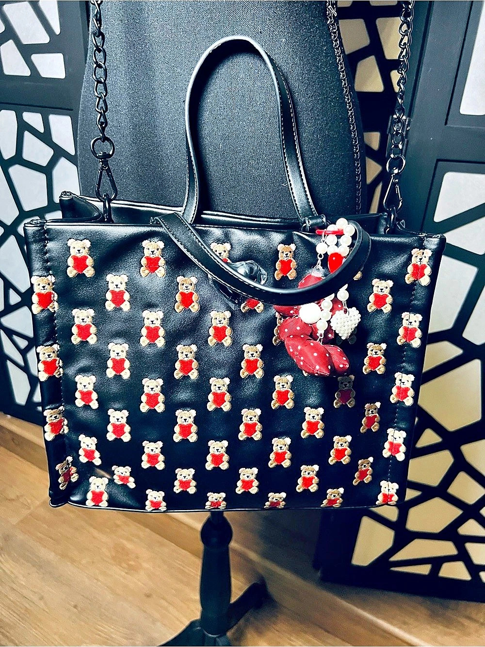 Betsey Johnson Teddy Bear Print Tote in Black & Red Like NWOT
